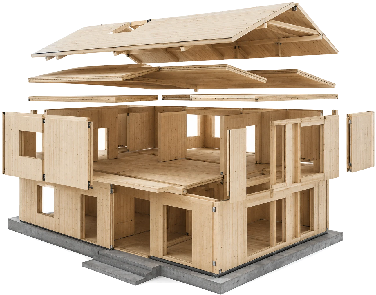 Illustrative render: Cross-laminated timber structure, exploded