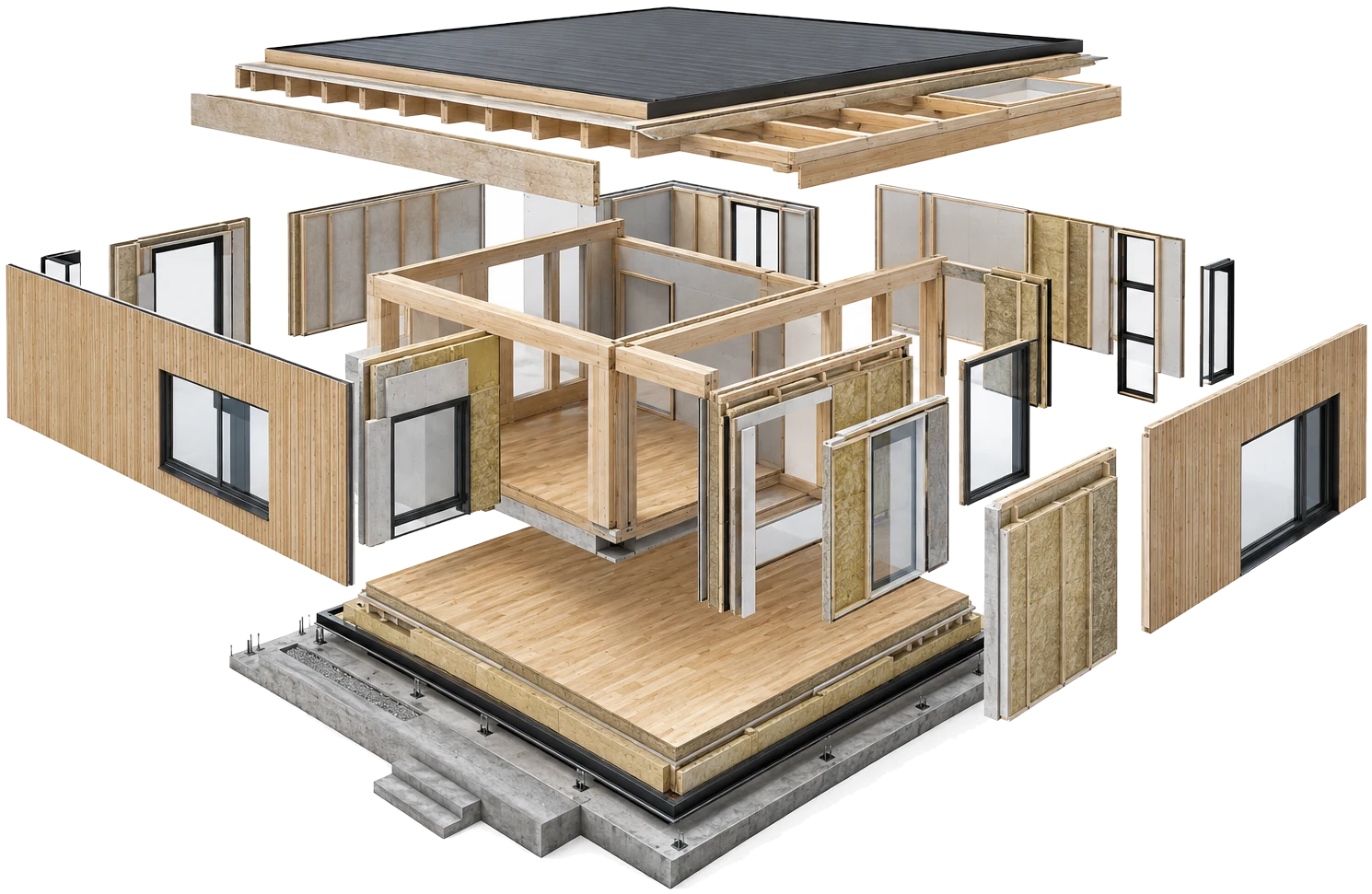 Illustrative render: Wood panel structure, exploded