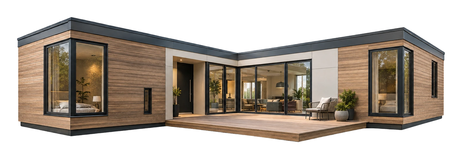 Illustrative render: L-shaped timber house with large glazed corners and a deck