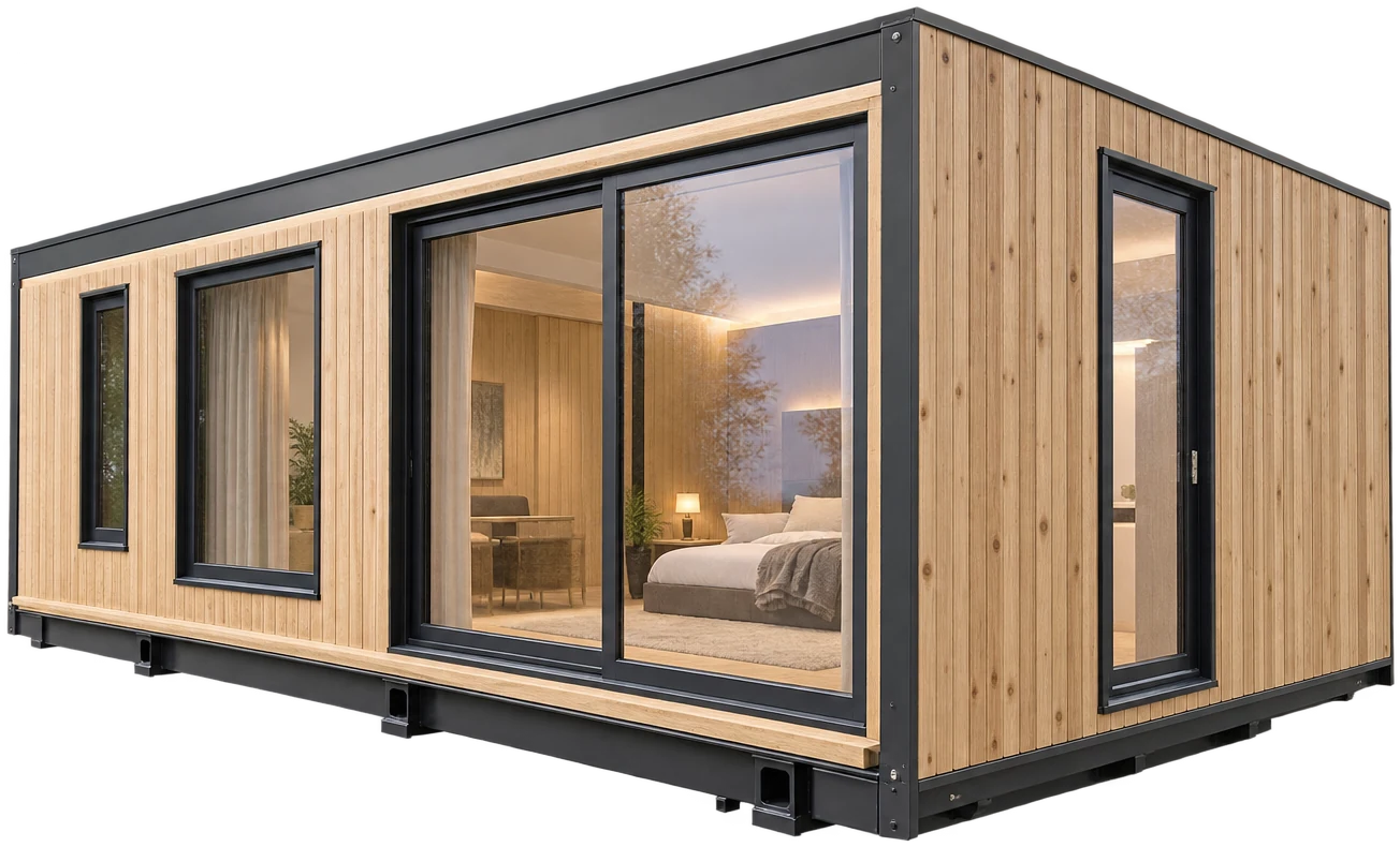 Illustrative render: Dark-clad modular house