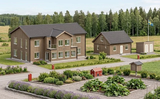 Illustrative render: one Svartgarn set, twin house, mini villa and storage building