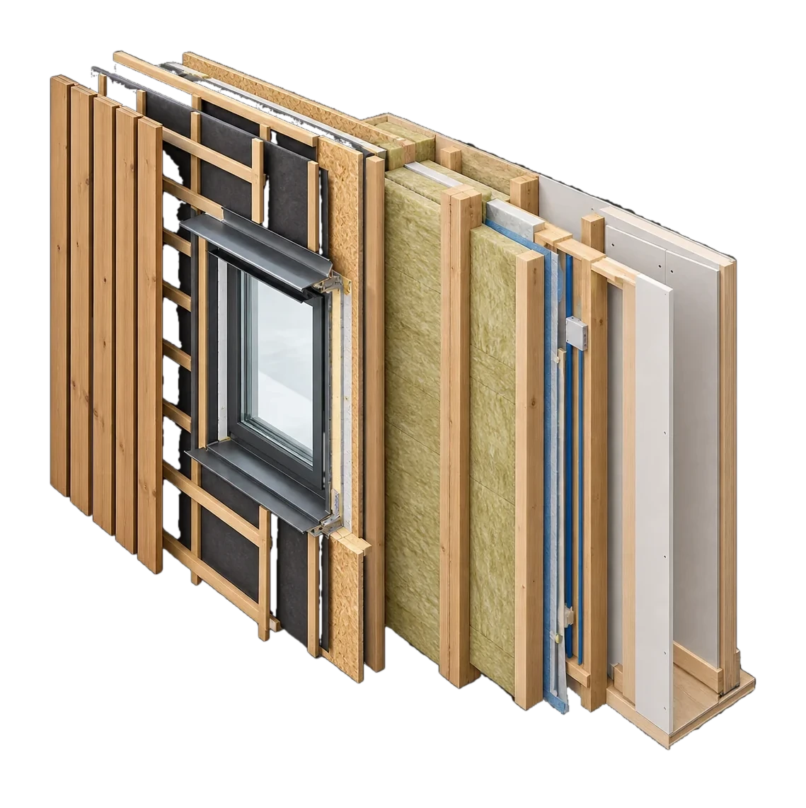 Illustrative render: timber wall build-up from cladding to plasterboard, with window opening